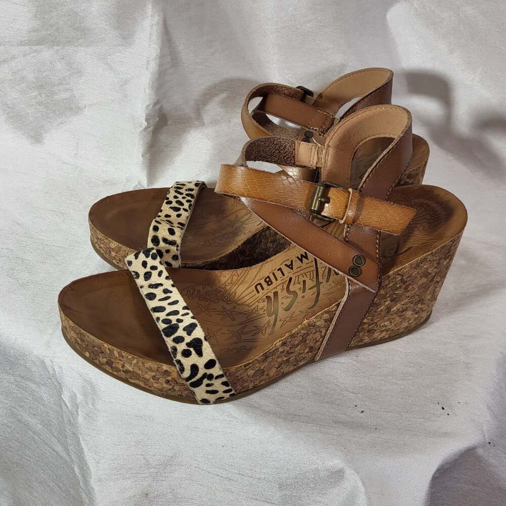 Blowfish Malibu Hirosha Wedge Sandal Leopard Brown Size 7.5